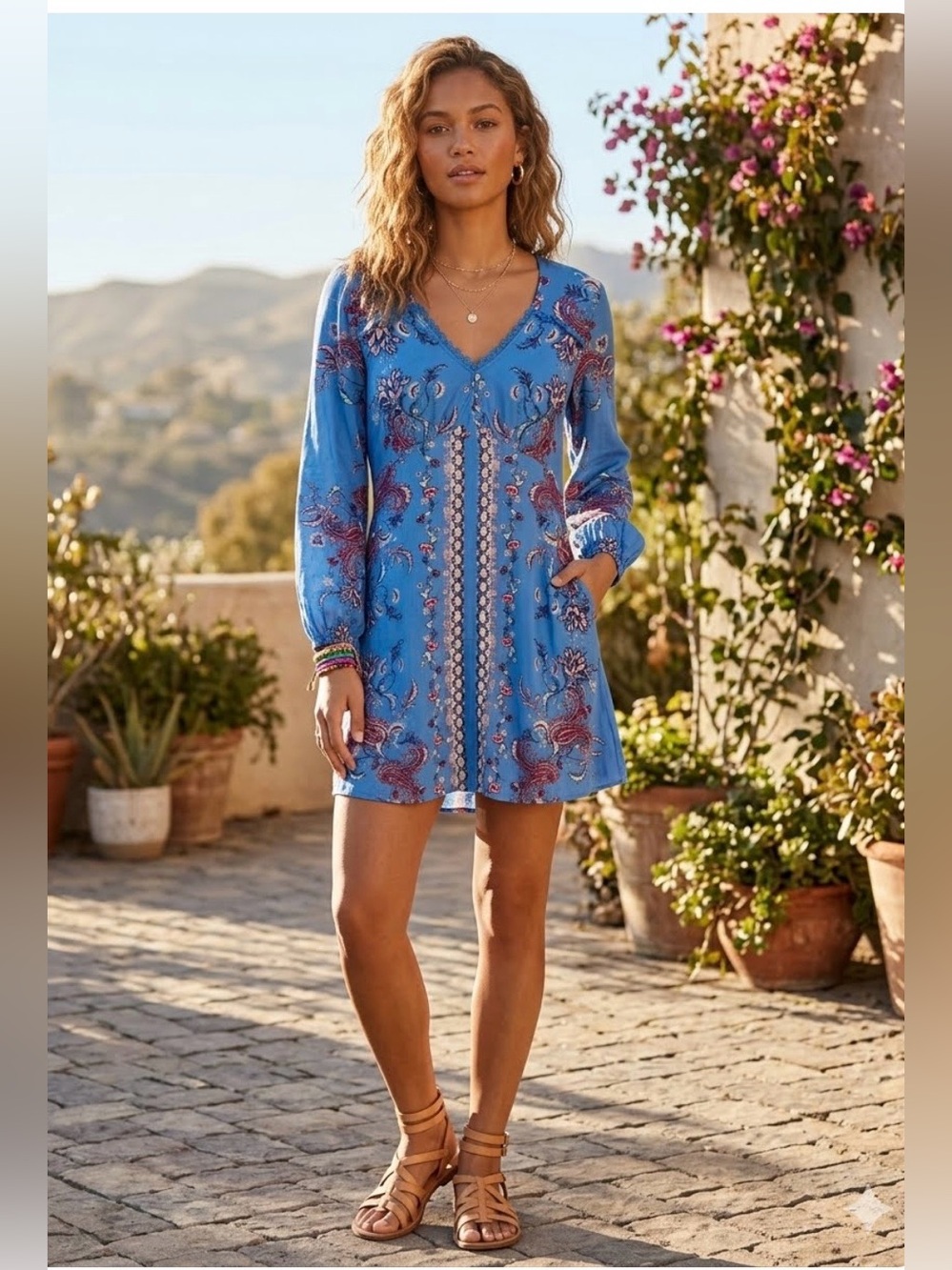 Xhilaration Blue Paisley Floral Boho Mini Dress M